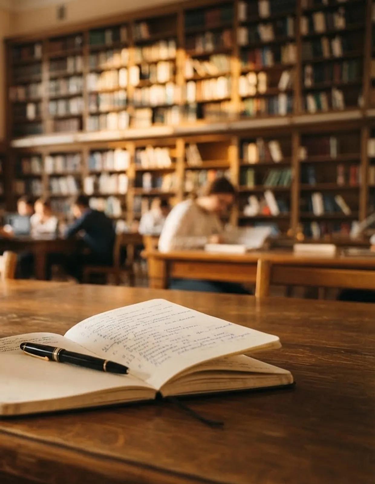 Раскрытая книга на столе в библиотеке
